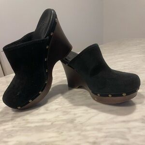 UGG Black Suede Clogs with Brown Heel